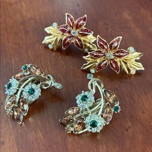 Vintage Floral Earrings Amber Leaves Emerald Center Flowers and Poinsettias